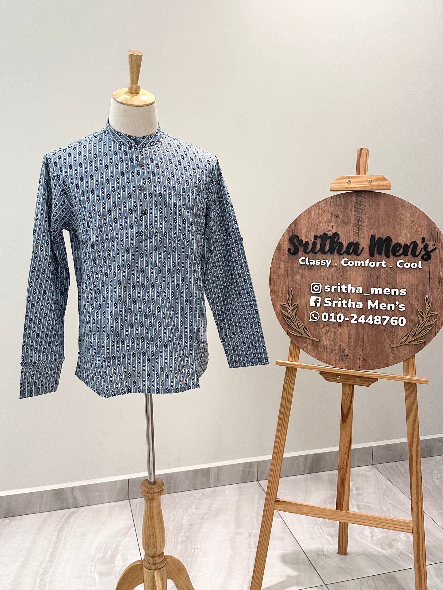 SM0525-15-06 Blue Long Sleeve Short Cotton Kurta