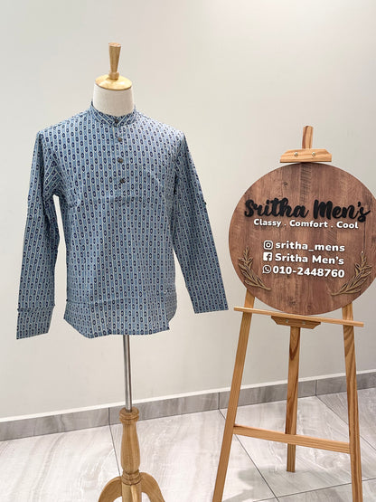 SM0525-15-06 Blue Long Sleeve Short Cotton Kurta