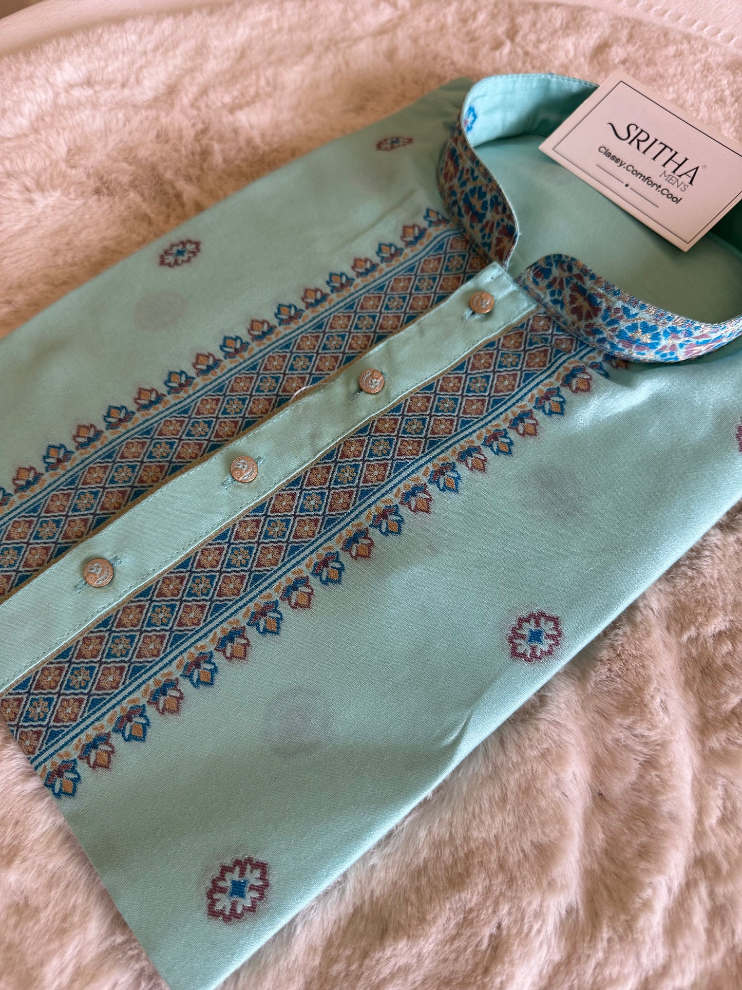 SM1125-06-02 Turquoise Soft Silk & Woven Design Kurta Set