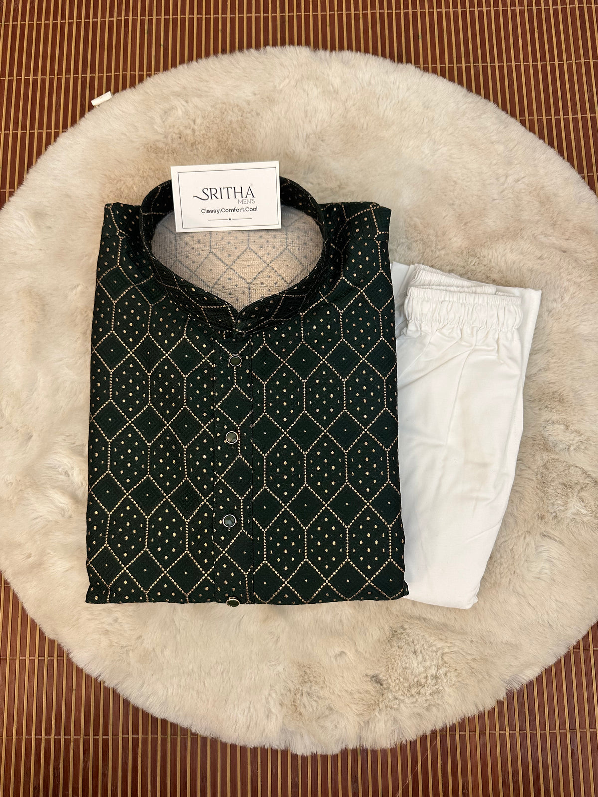 SM0826-02-09 Bottle Green & Gold Jacquard Silk Blend Kurta Set
