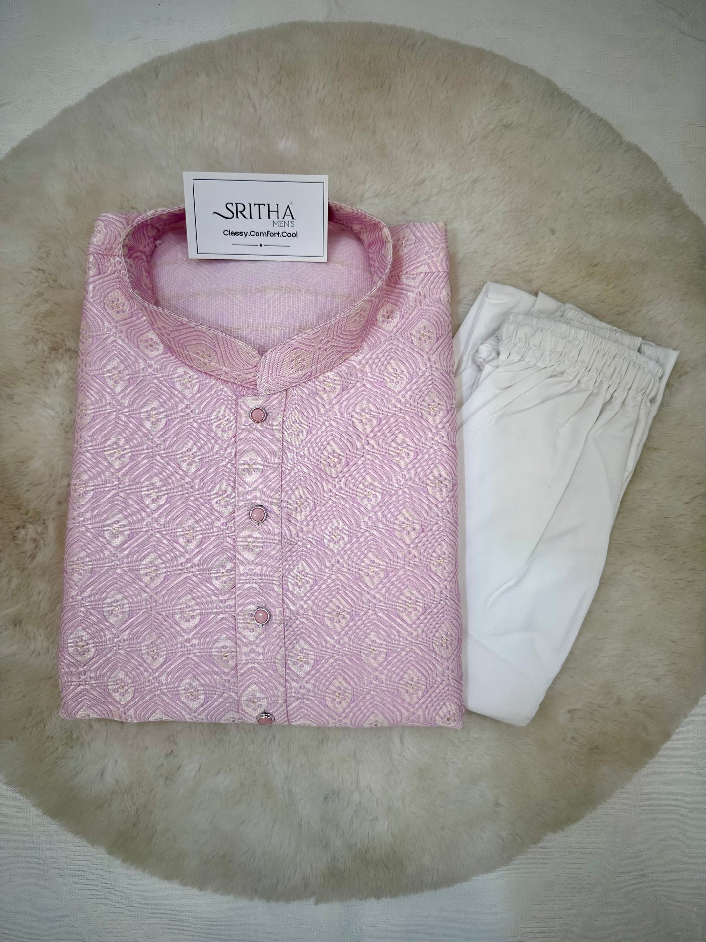 SM0626-02-07 Lavender Pink Jacquard Silk Blend Kurta Set