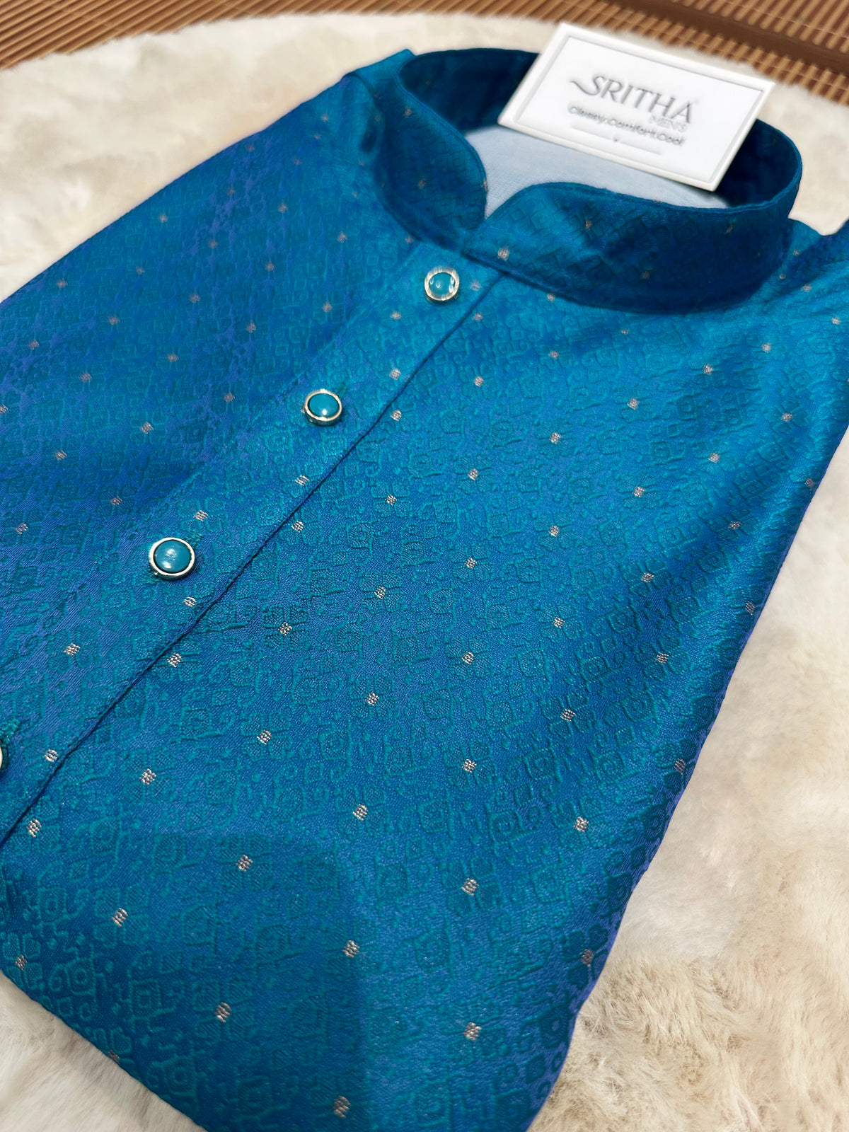SM0826-02-17 Peacock Blue Jacquard Silk Blend Kurta Set