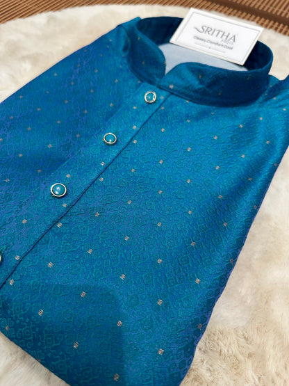 SM0826-02-17 Peacock Blue Jacquard Silk Blend Kurta Set