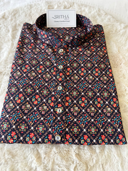 SM0625-01-15 Navy Blue & Striking Motif Khadi Silk Kurta