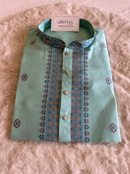 SM1125-06-02 Turquoise Soft Silk & Woven Design Kurta Set