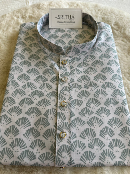 SM0925-01-14 White & Green Print Cotton Kurta