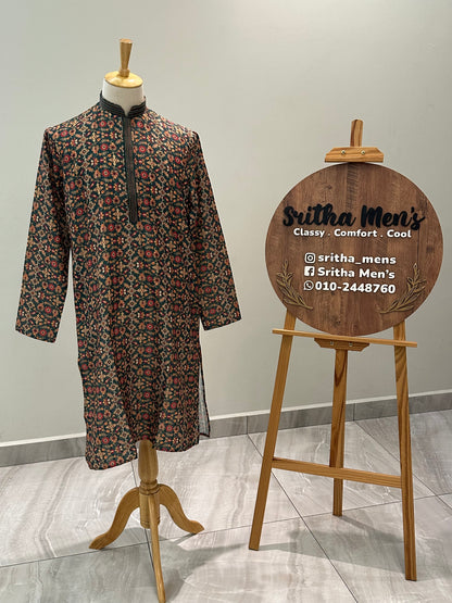 SM0925-01-01 Dark Green Floral Soft Cotton Silk Kurta