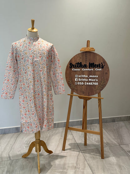 SM0925-01-16 Cream Floral Print Cotton Kurta