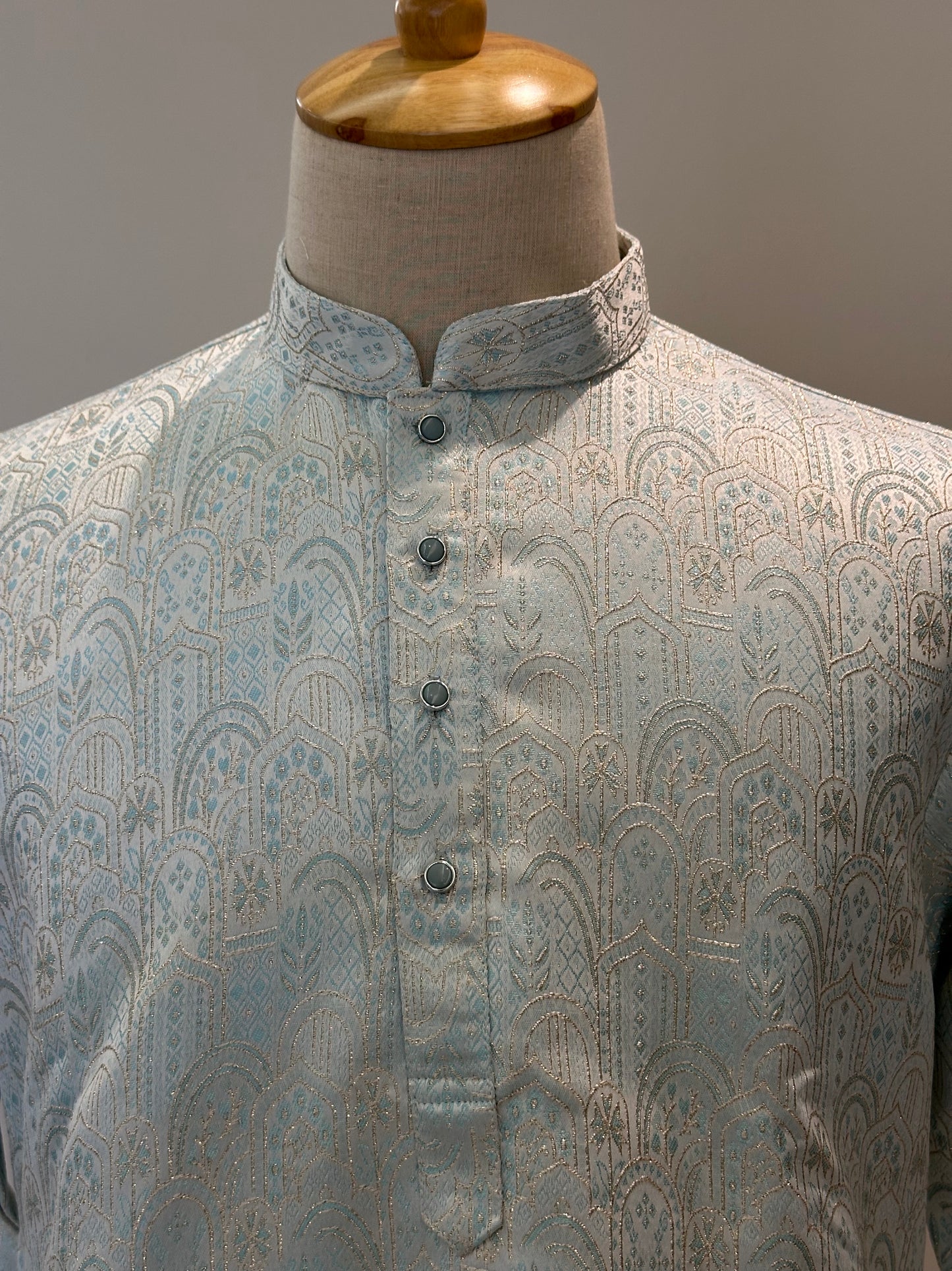 SM0526-02-04 Dual Shade Blue With Golden Lining Jacquard Silk Kurta Set