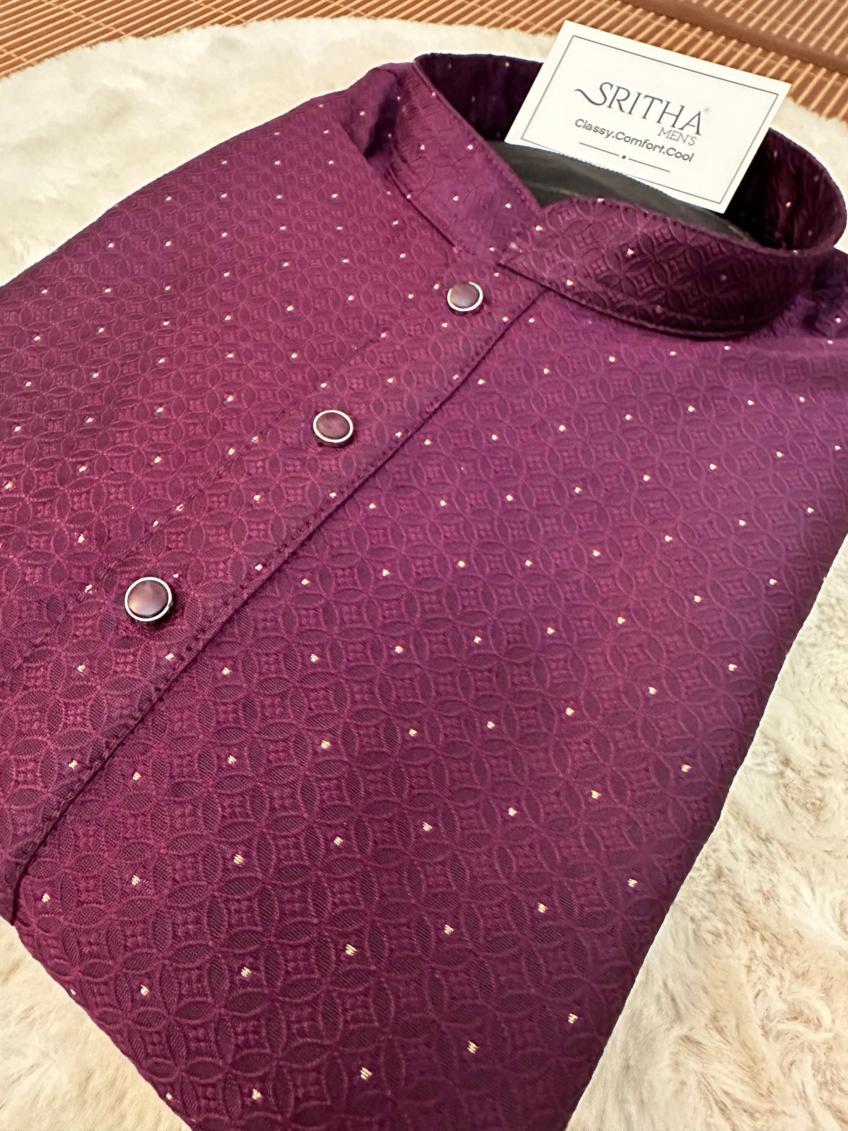 SM0826-02-02 Wine Diamond Jacquard Silk Blend Kurta Set