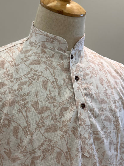 SM0326-18-10 White & Brown Floral Print Short Cotton Kurta