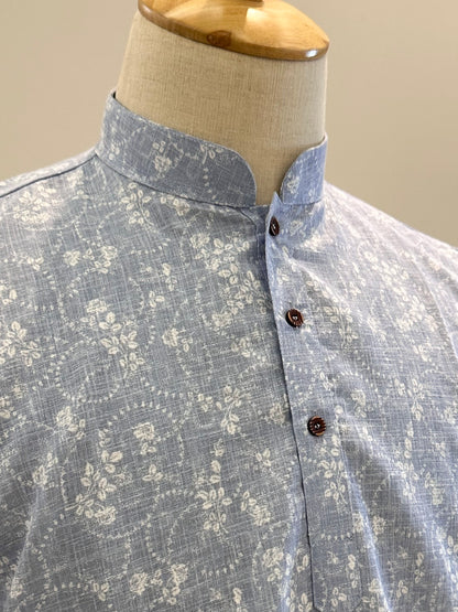 SM0126-18-07 Light Blue & White Floral Print Short Cotton Kurta