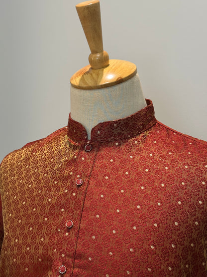 SM0826-02-12 Red & Gold Dual Shade Jacquard Silk Blend Kurta Set