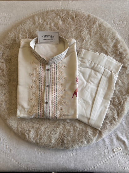 SM0326-02-04 White Embroidery Design Soft Cotton with Lining Kurta Set