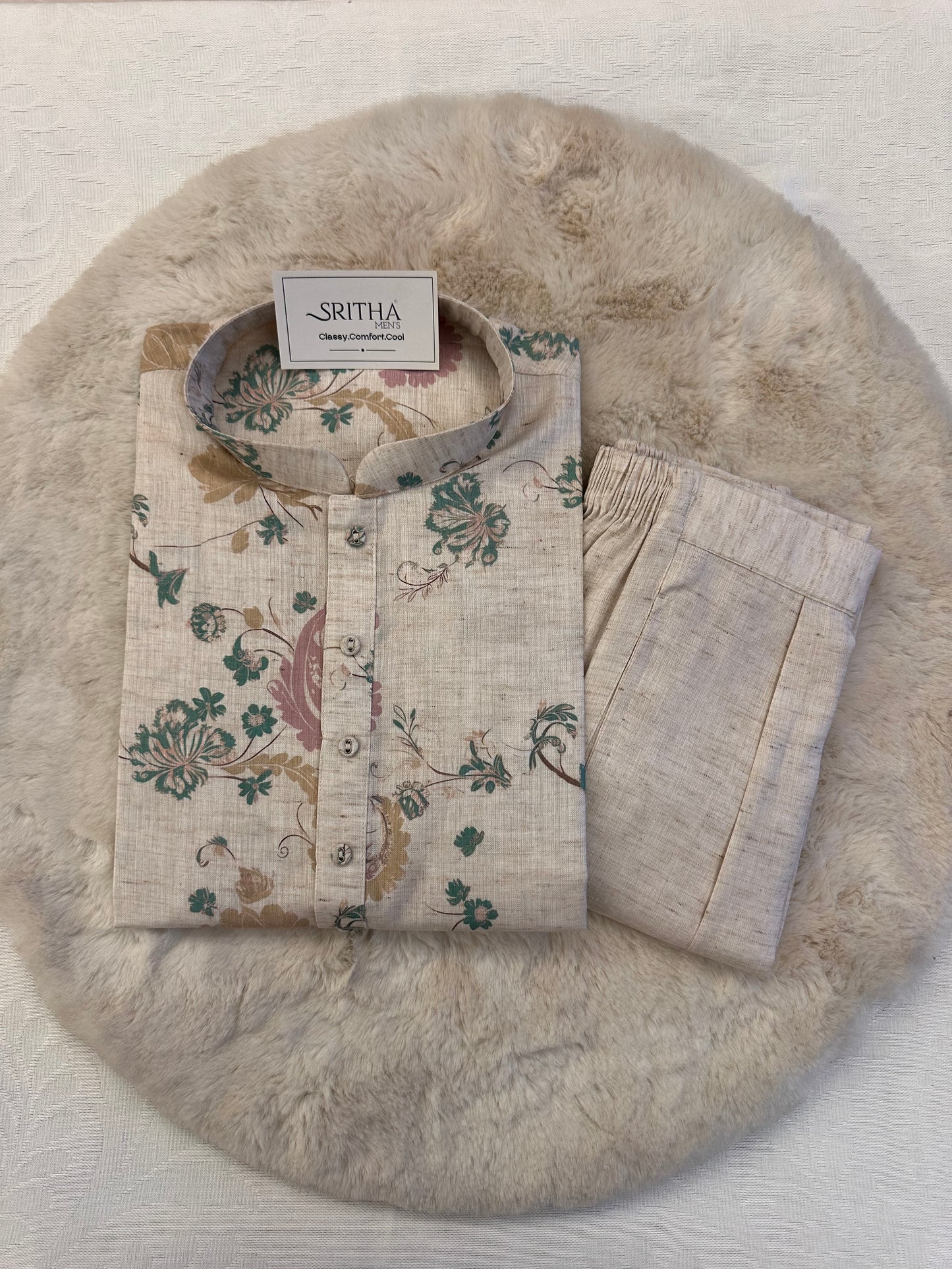 SM0226-01-04 Beige With Blue Pink Cotton Linen Kurta Set
