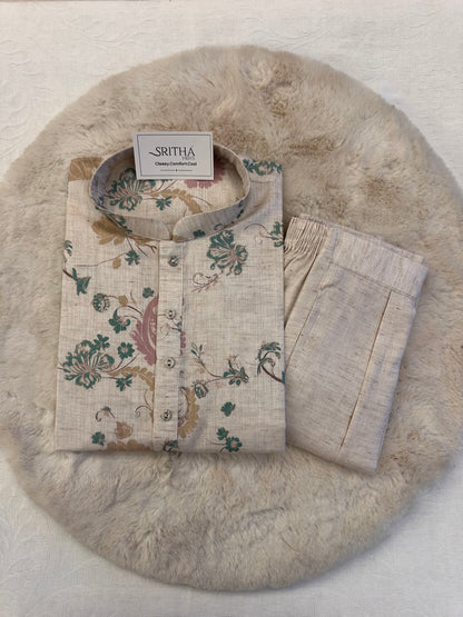 SM0226-01-04 Beige With Blue Pink Cotton Linen Kurta Set