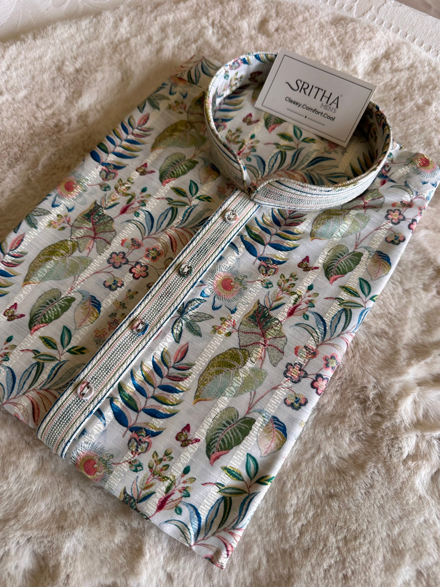 SM1225-01-10 White Base & Leaves Soft Cotton Silk Kurta