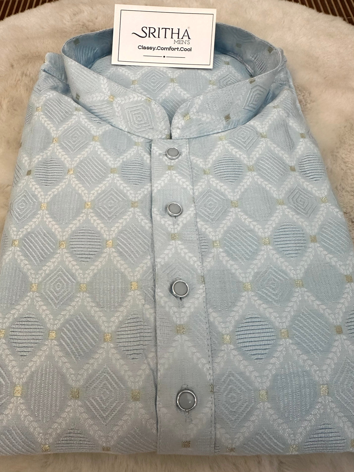 SM0826-02-21 Sky Blue Soft Jacquard Silk Blend Kurta Set