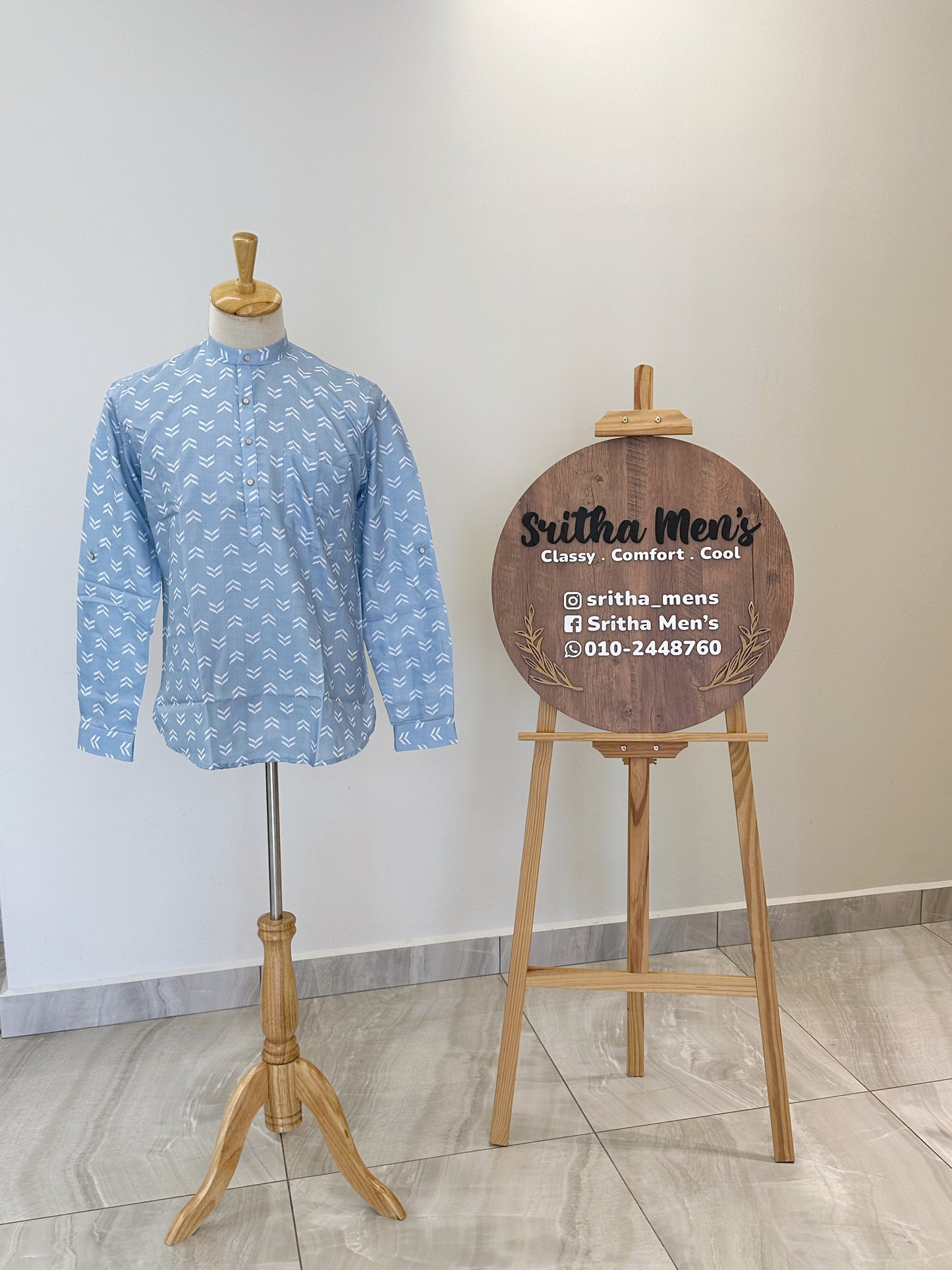 SM0324-01-12 Light Blue Arrow Short Cotton Kurta