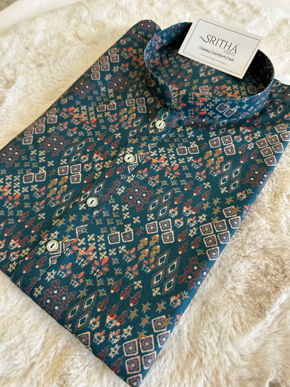 SM0625-01-09 Bottle Green Printed Cotton Kurta