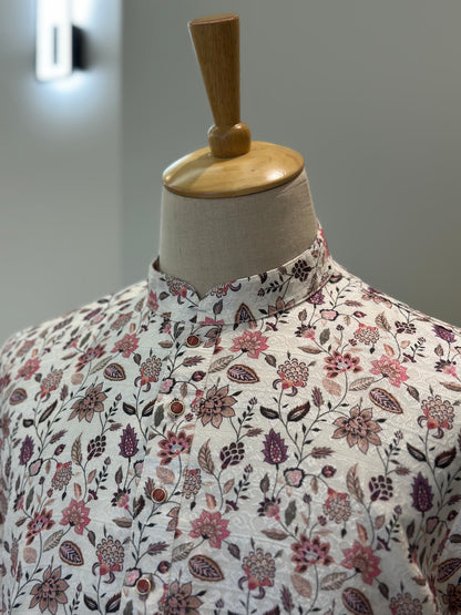 SM1125-02-05 White Floral Jacquard Silk with Lining Kurta Set