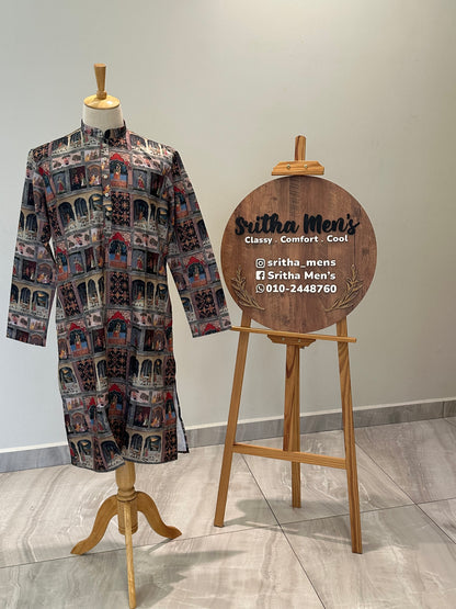 SM0925-01-17 Black Tribe Print Cotton Kurta