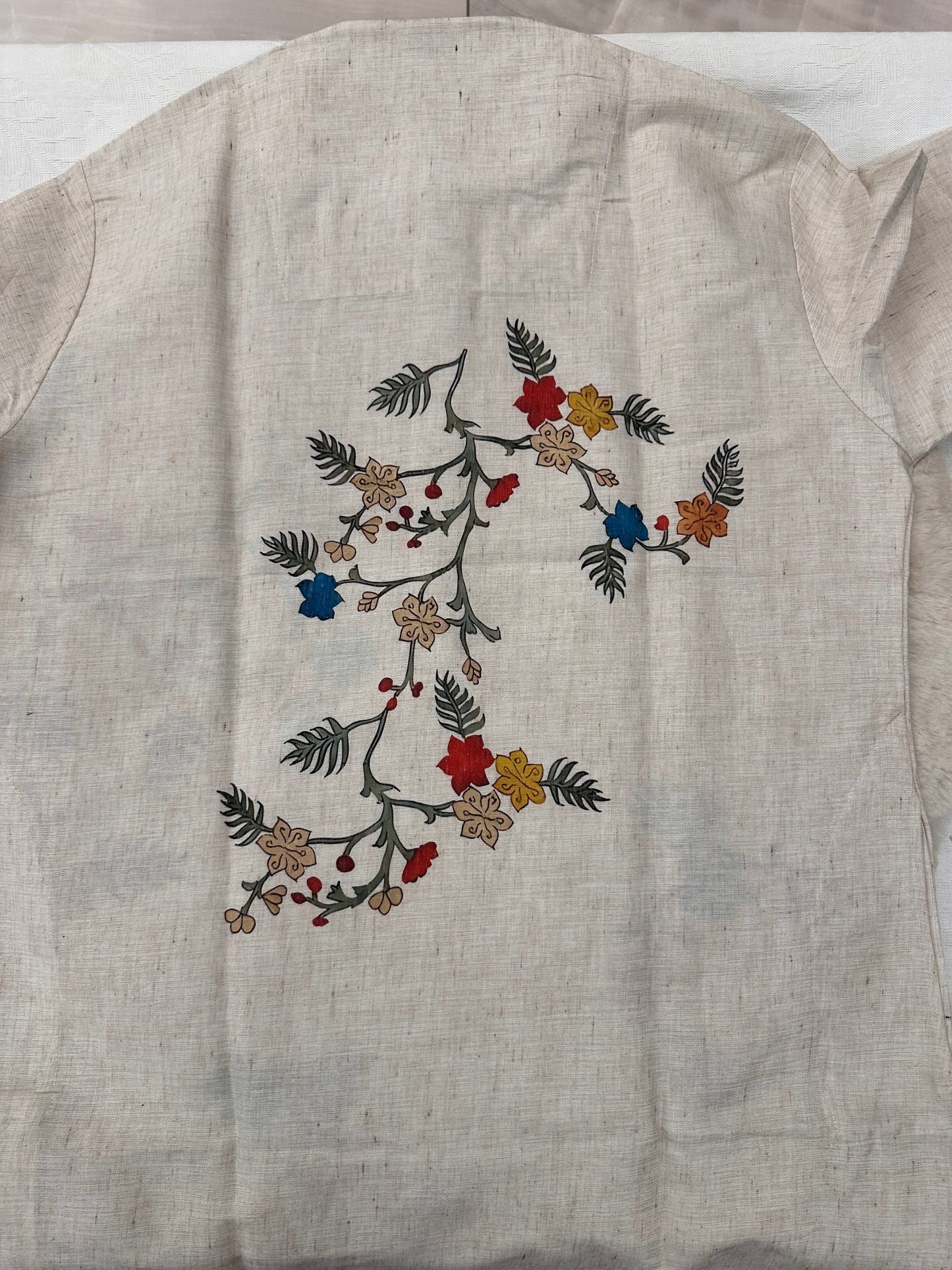 SM0226-01-02 Beige With Blue Orange Floral Cotton Linen Kurta Set