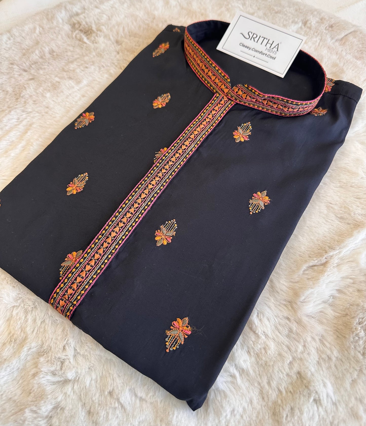 SM1125-06-05 Black Soft Silk & Colourful Embroidery Kurta Set