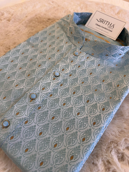 SM1125-02-08/18 Sky Blue Blue & Gold Soft Jacquard Kurta Set