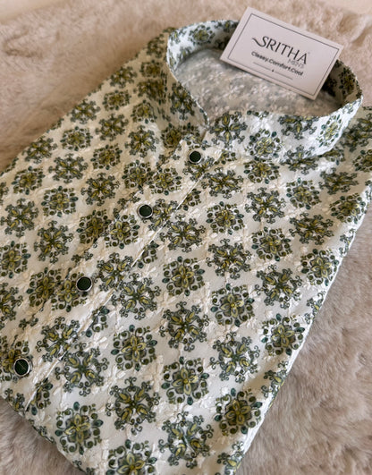 SM1125-02-03 White & Green Soft Cotton Kurta Set