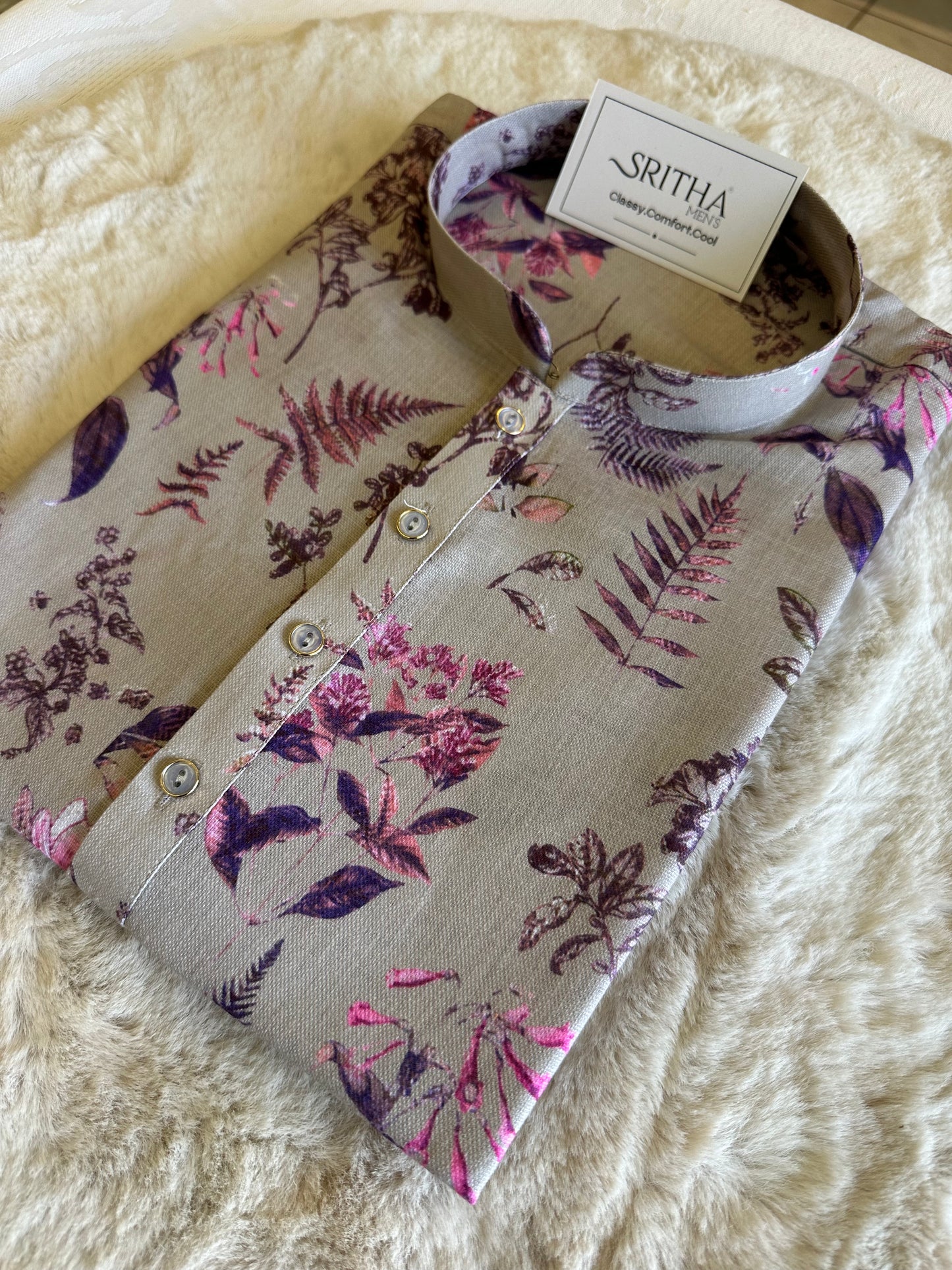 SM0626-01-02 Beige & Purple Design Printed Linen Blend Kurta