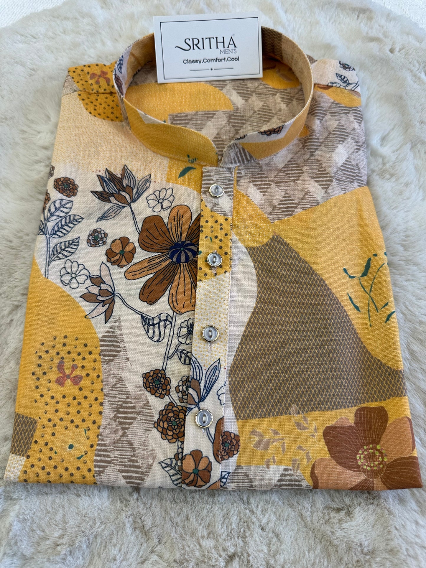 SM0626-01-06 Yellow Floral Printed Linen Blend Kurta
