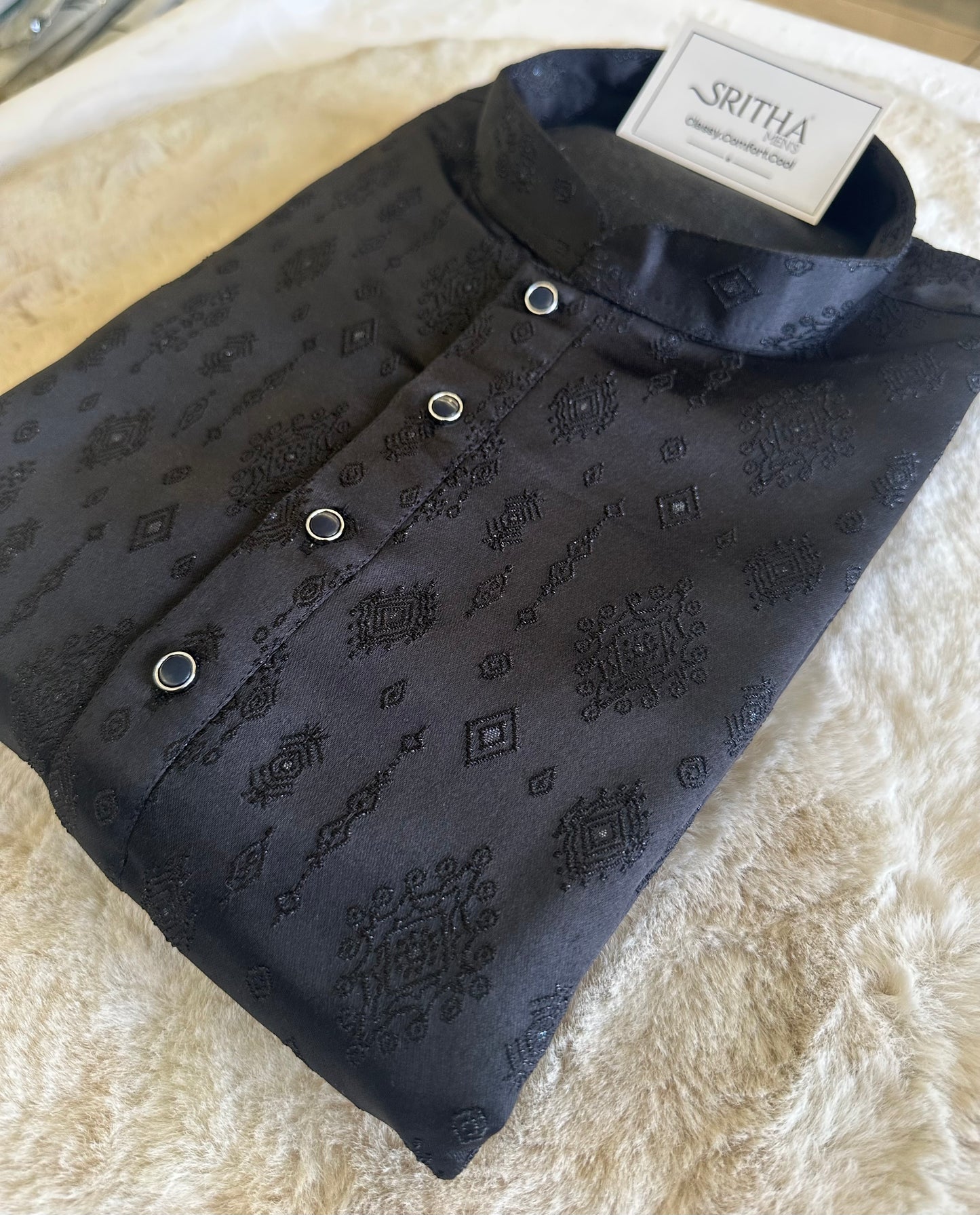 SM0626-02-03 Black Embossed  Design Silk Blend Kurta Set