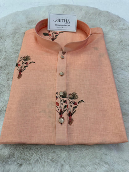 SM0825-01-08 Peach Orange Leaf & Floral Cotton Kurta