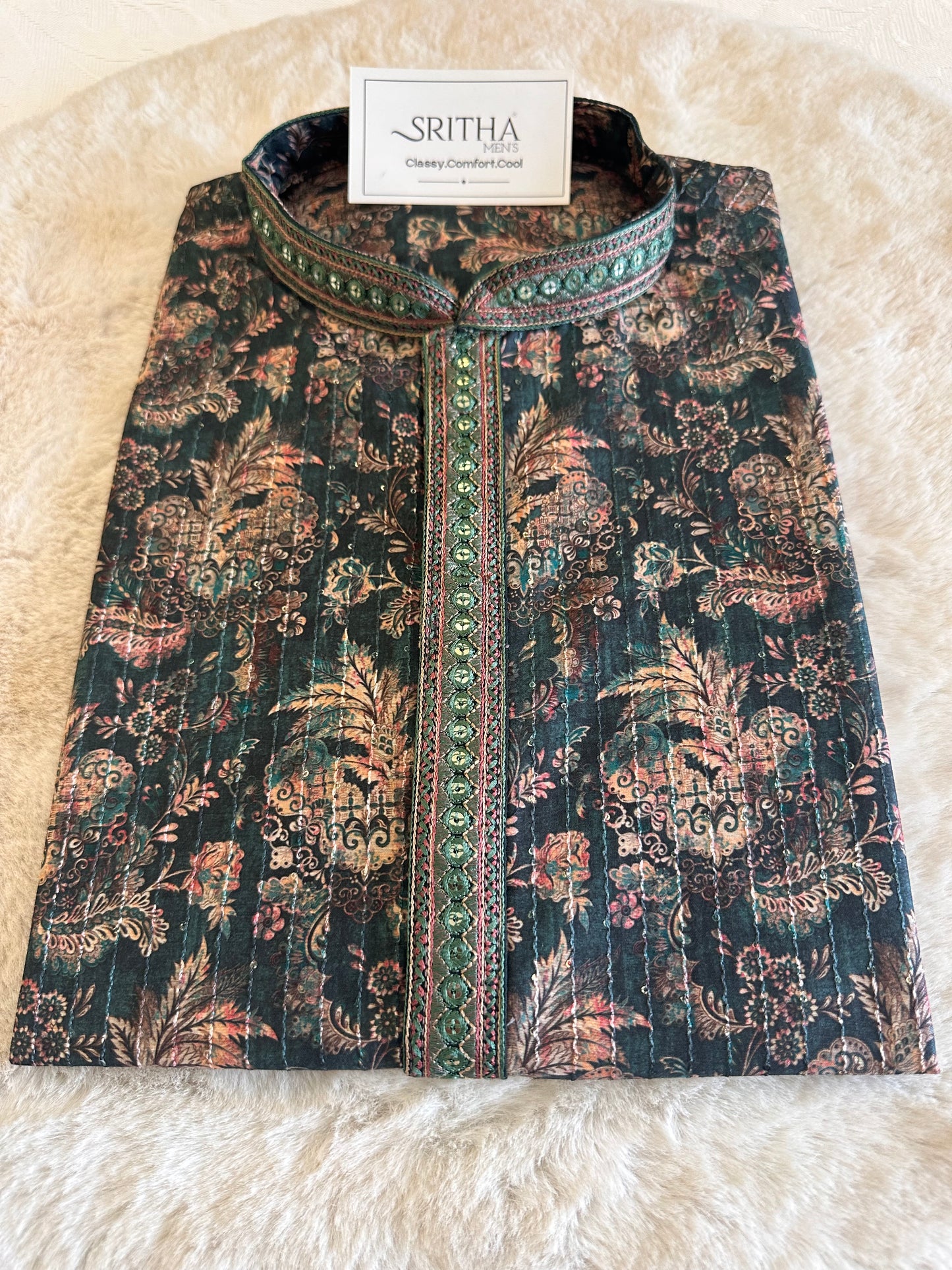 SM0326-06-05 Dark Green Floral With Transparent Sequins Soft Cotton Blend Kurta Set
