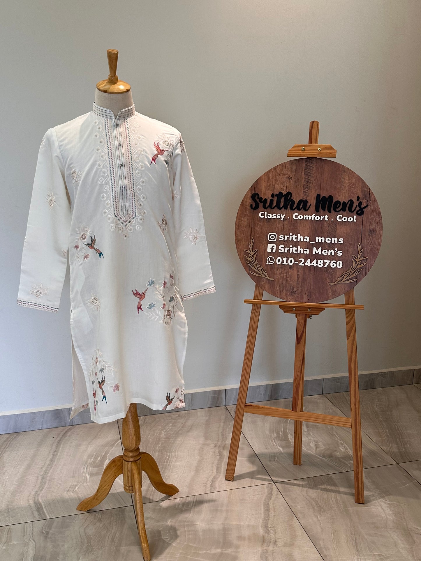 SM0326-02-04 White Embroidery Design Soft Cotton with Lining Kurta Set