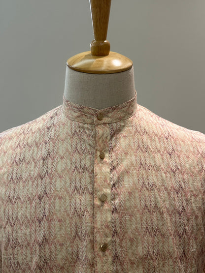 SM1224/25-01-16 Cream Purple Cotton Long Sleeve Short Kurta