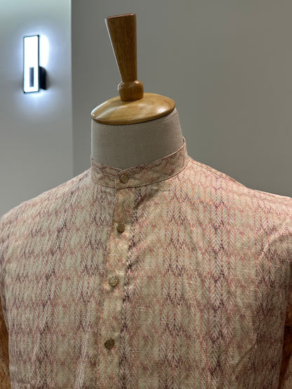 SM1224/25-01-16 Cream Purple Cotton Long Sleeve Short Kurta