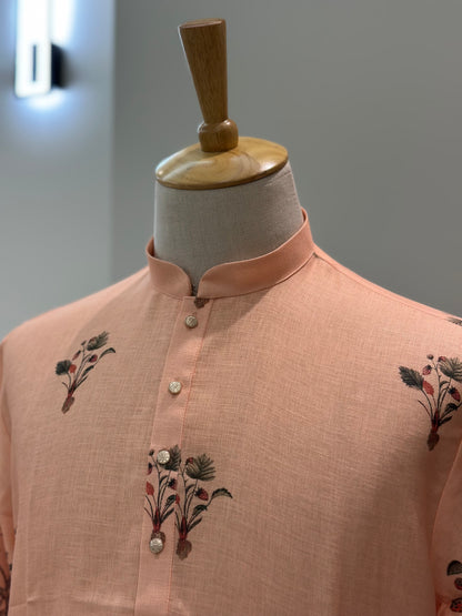 SM0825-01-08 Peach Orange Leaf & Floral Cotton Kurta