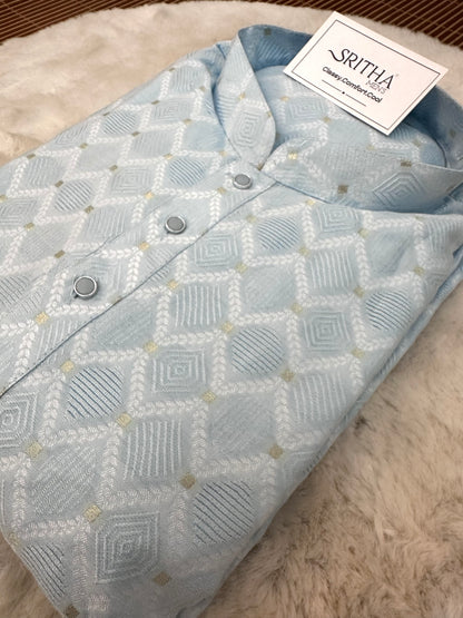 SM0826-02-21 Sky Blue Soft Jacquard Silk Blend Kurta Set