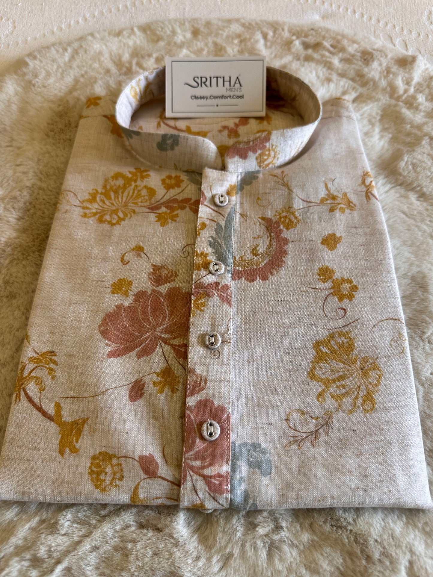 SM0226-01-05 Beige & Pink Yellow Floral Cotton Linen Kurta Set