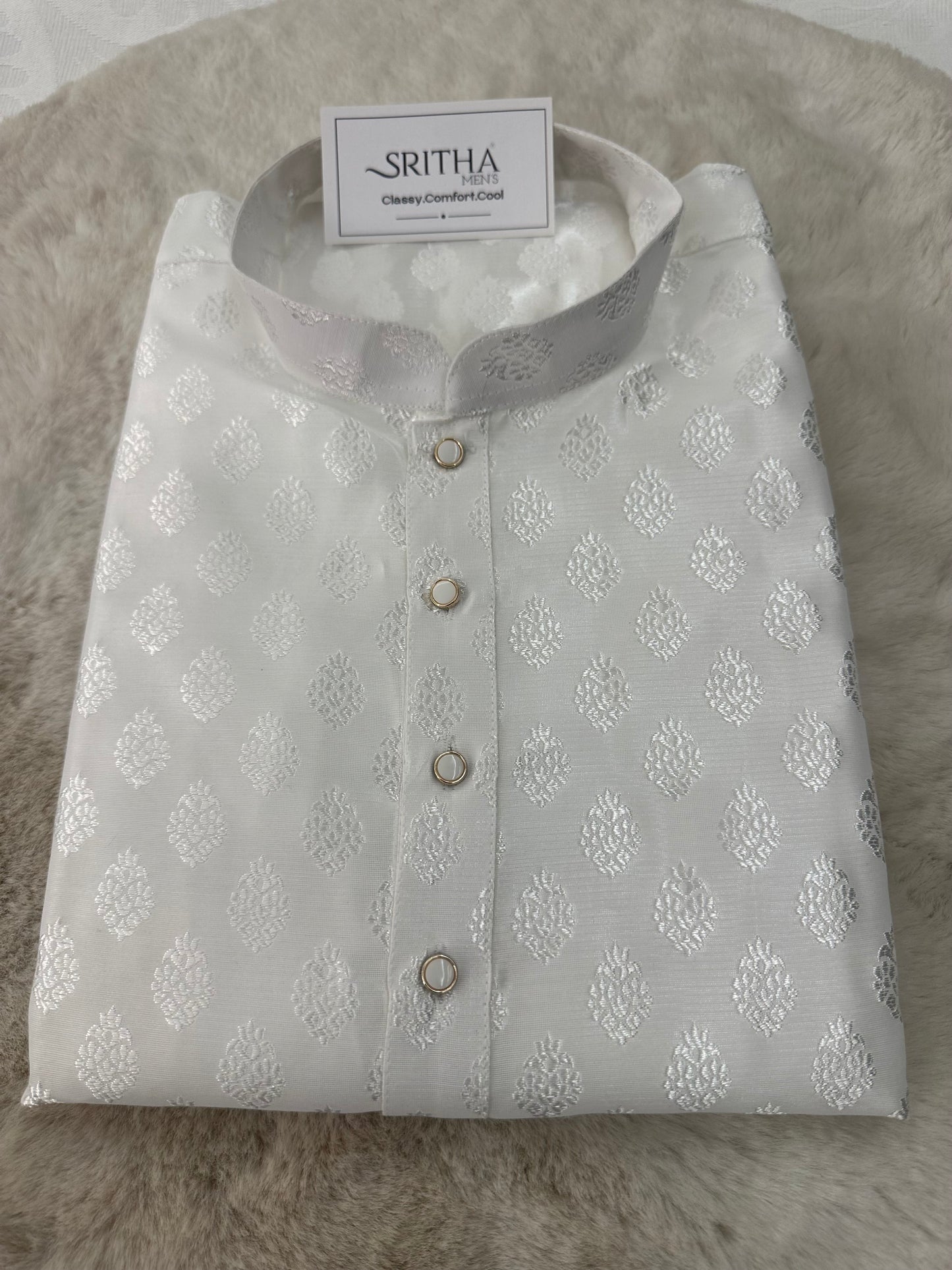SM0526-02-01 White & Silver Soft Silk Blend Kurta Set