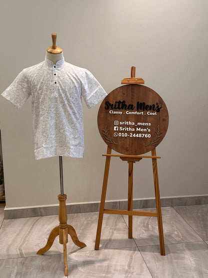 SM0126-18-09 White & Grey Print Short Cotton Kurta