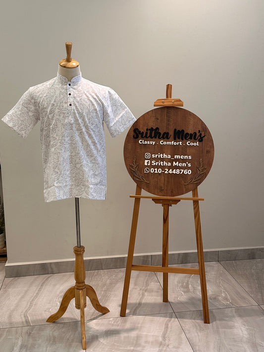 SM0126-18-09 White & Grey Print Short Cotton Kurta