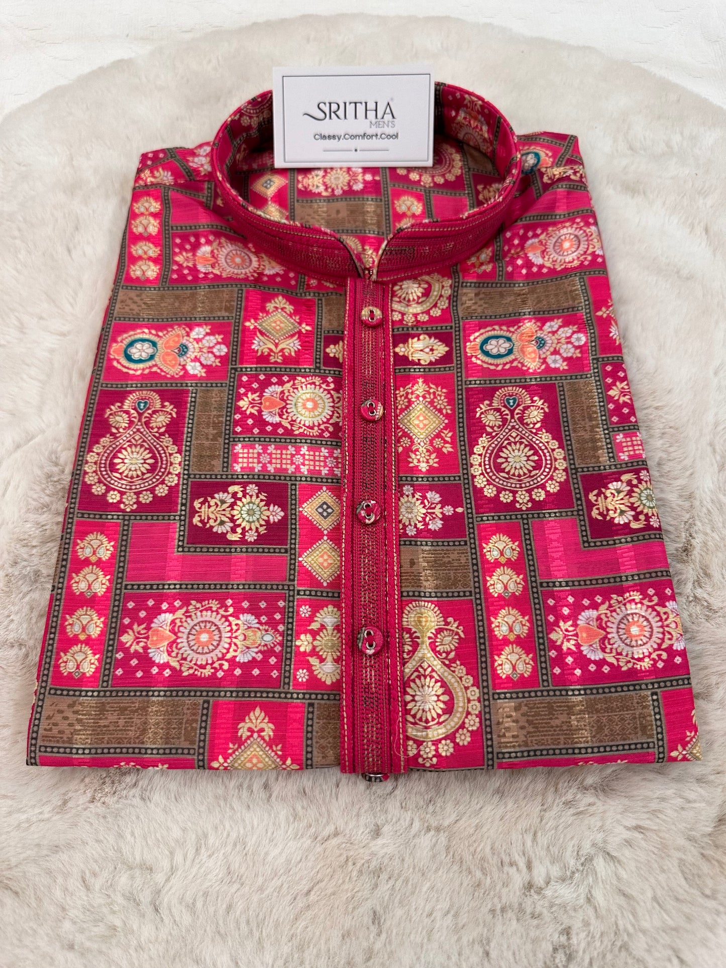 SM1225-01-12 Rani Pink & Gold White Soft Cotton Silk Kurta