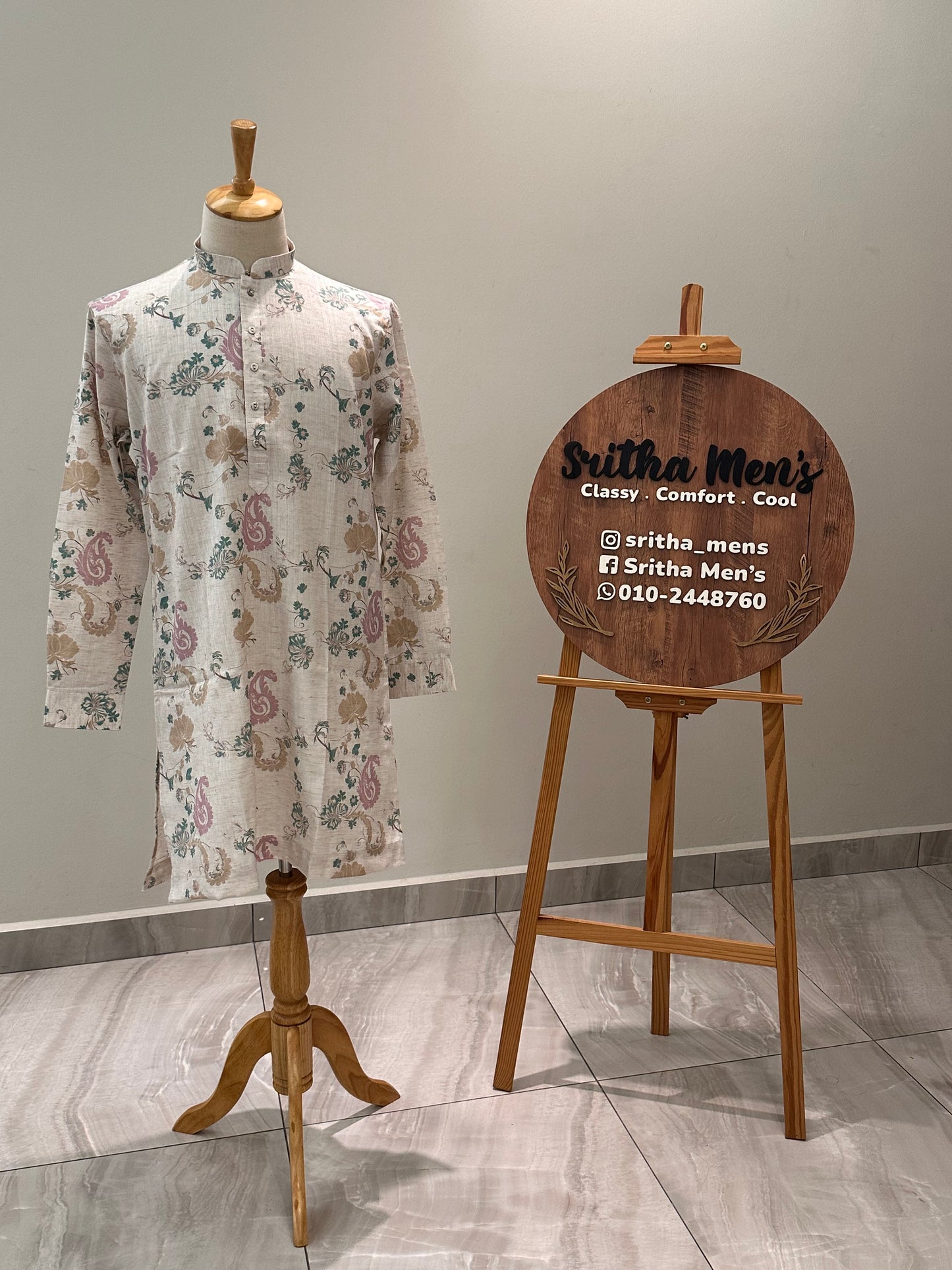 SM0226-01-04 Beige With Blue Pink Cotton Linen Kurta Set