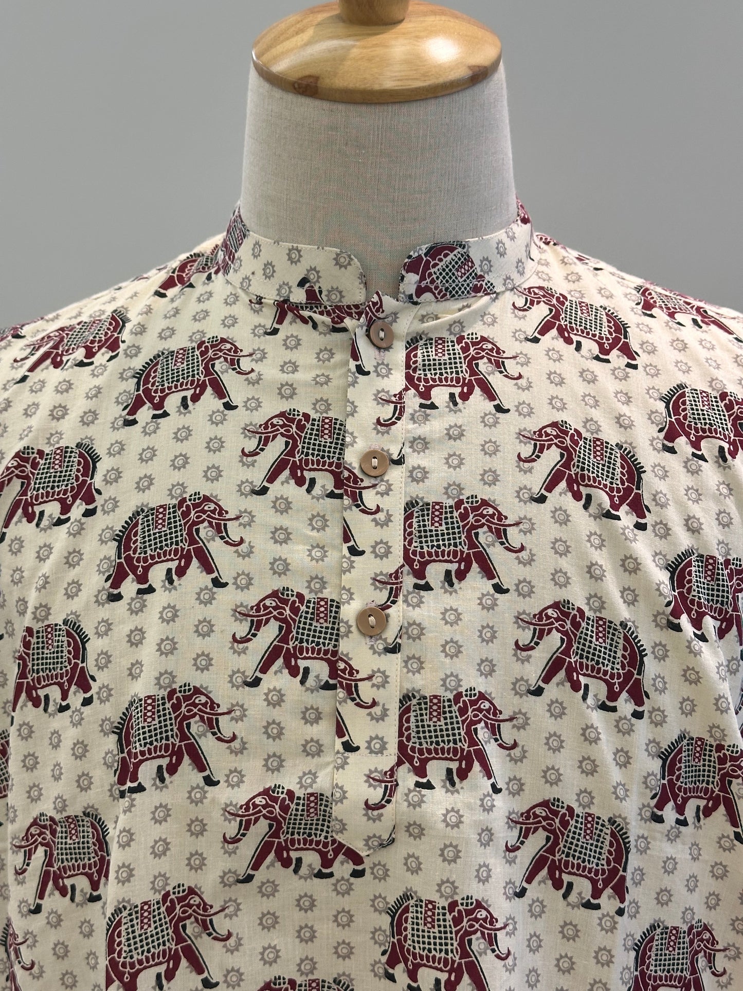 SM1025-18-07 White & Red Elephant Short Cotton Kurta