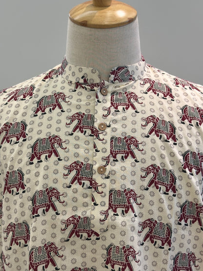 SM1025-18-07 White & Red Elephant Short Cotton Kurta