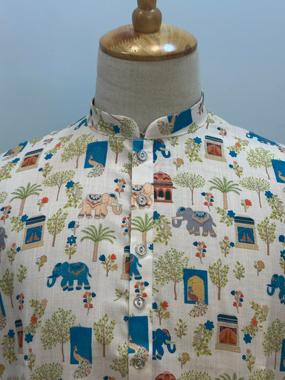SM0726-01-03 Off White Elephant Printed Soft Cotton Kurta