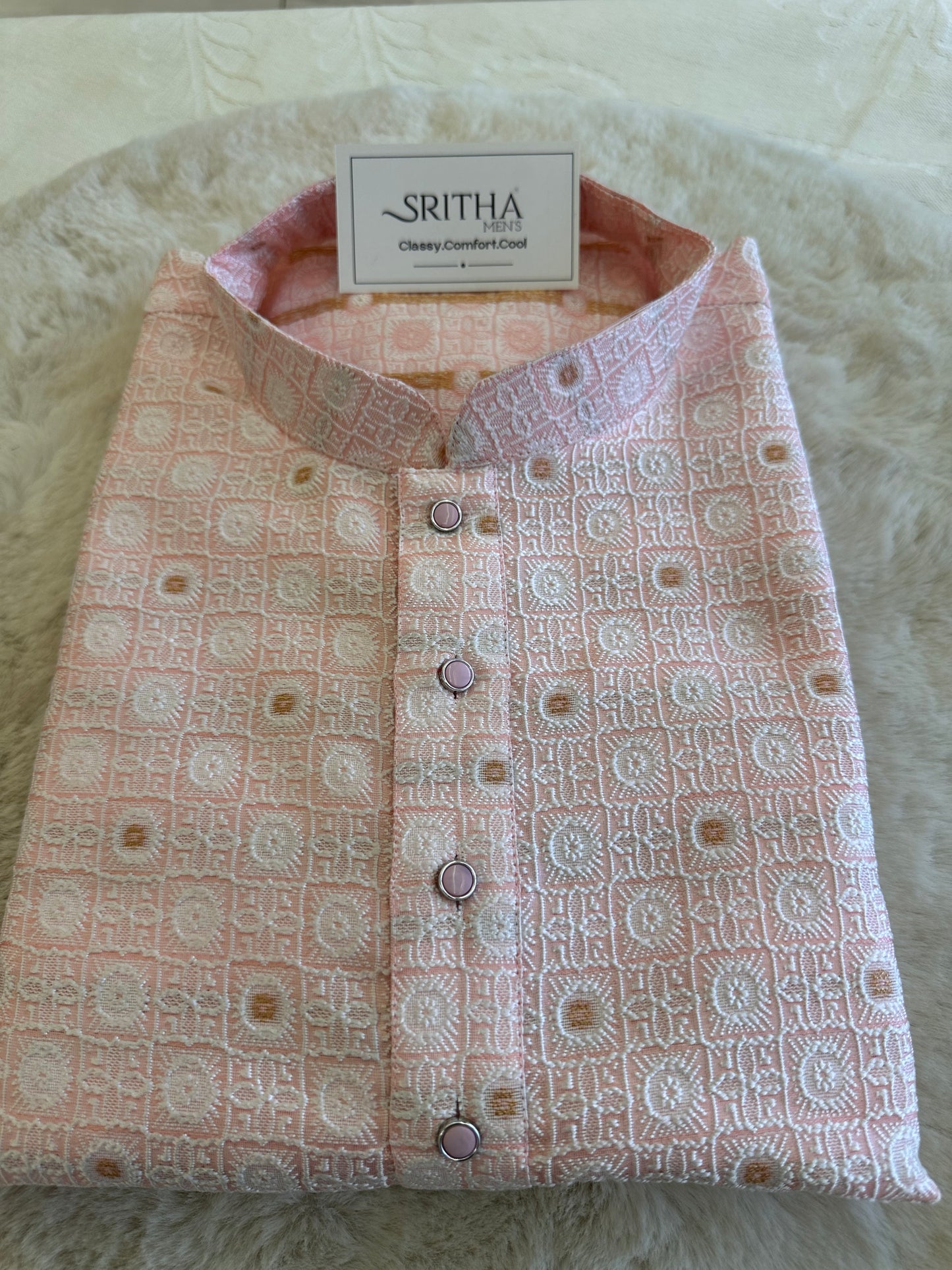 SM1125-02-17 Pastel Pink & White Jacquard Kurta Set